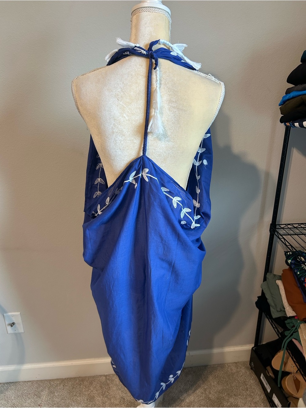 NEW Fig & Vine Royal Blue Embroidered Tassel Scarf Wrap Swim Coverup Sz L/XL - Picture 4 of 6